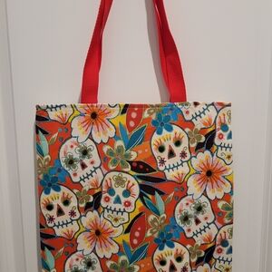 NWOT Floral Skull Tote Bag with Red Handles